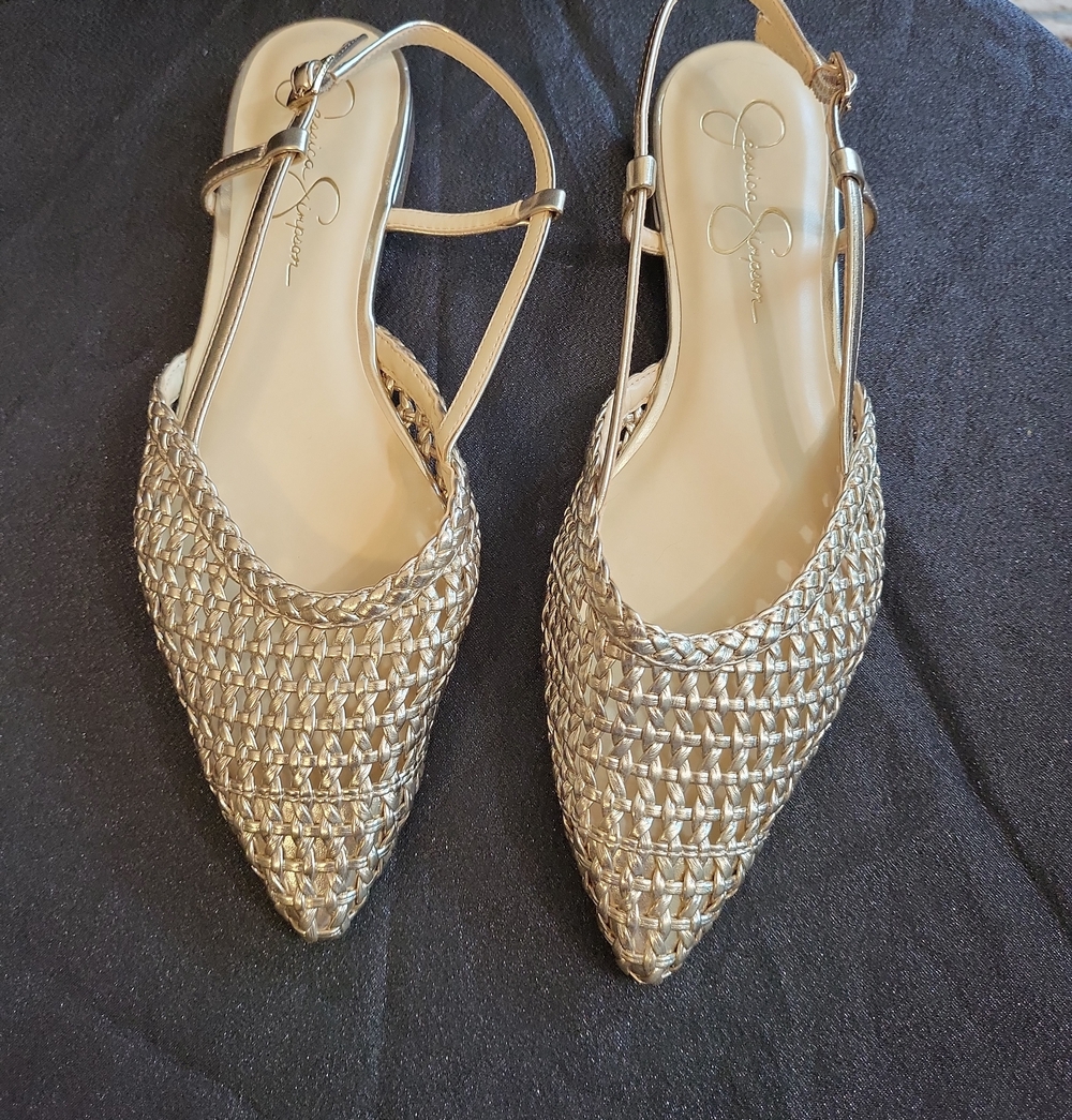 Jessica Simpson Metallic Gold Woven Pointed-Toe Slingback Flats
